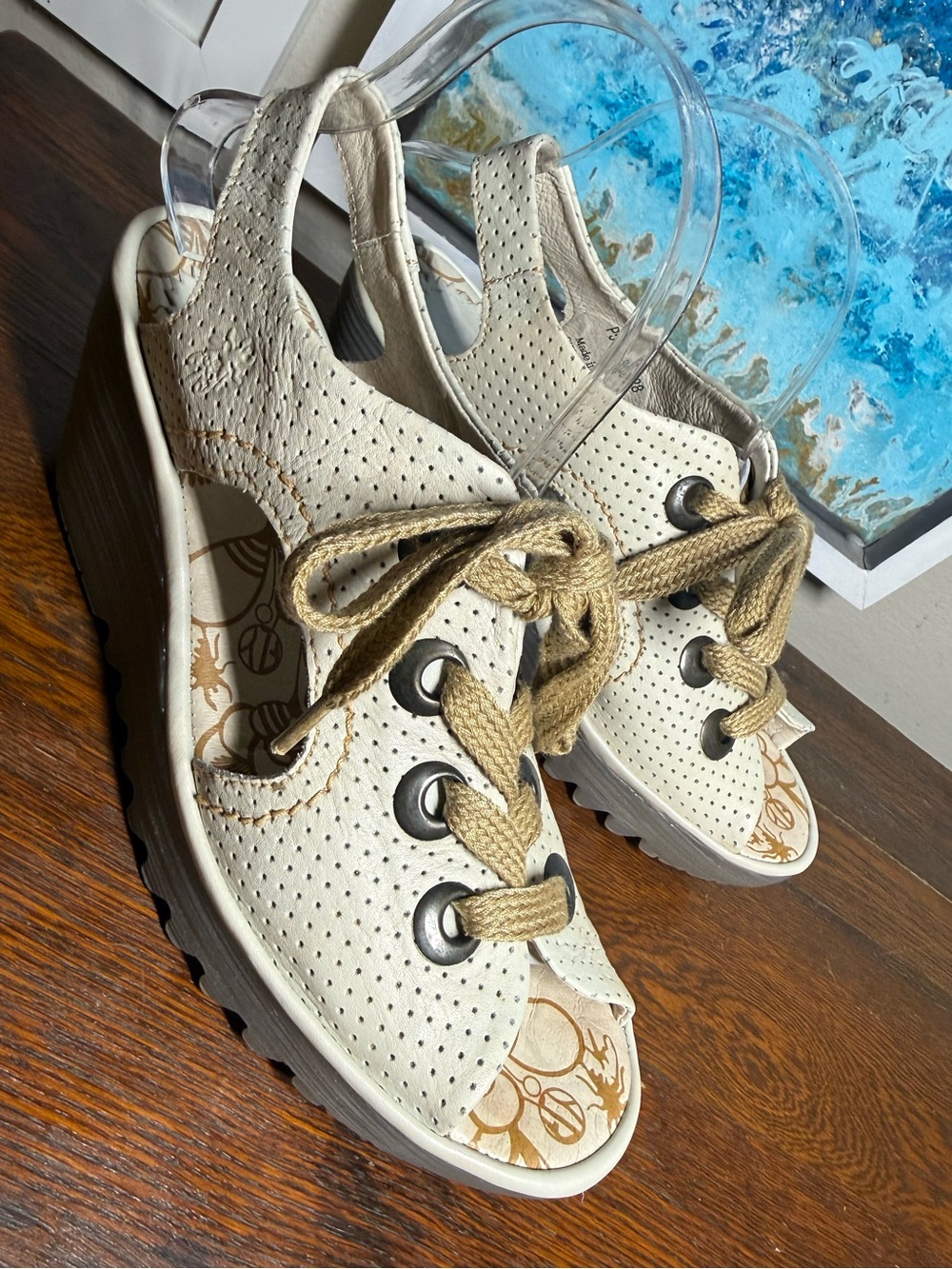 Women's Bernie Mev Marcelo Khaki Casual Perforated Wedge Sandals in Light Beige